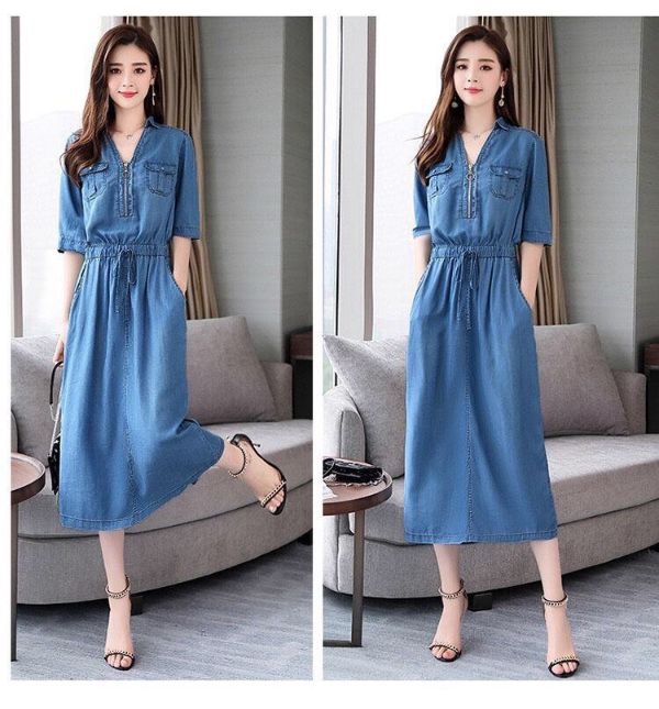 Đầm jean phối dây kéo cổ v