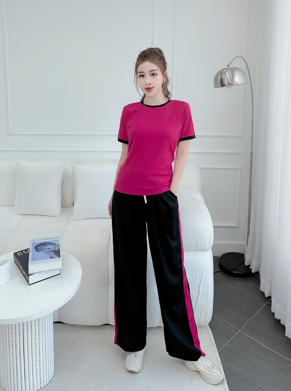 Set bộ thun gân tăm lạnh quần dài ống suông