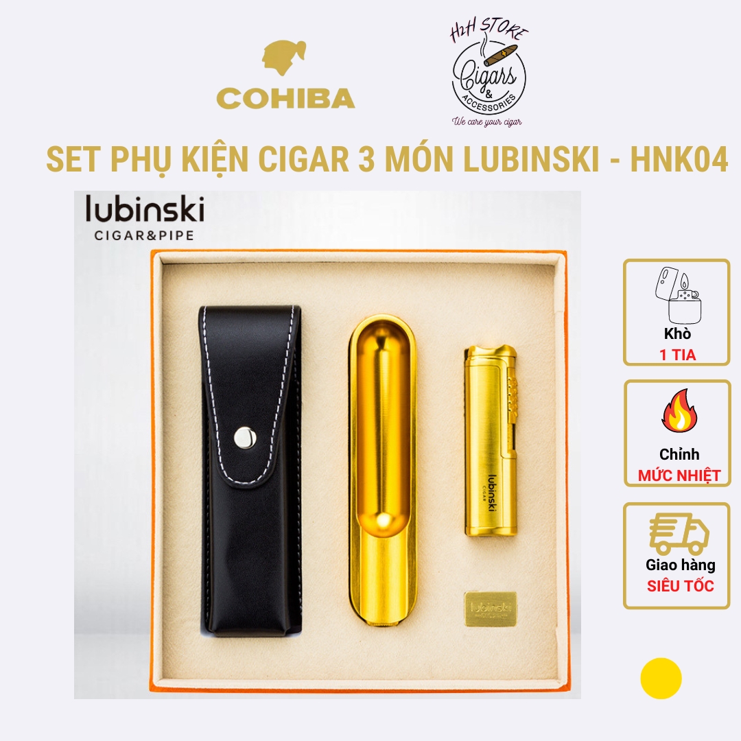Set khò cắt gạt tàn cigar lubinski - khò, kèm đục - cắt inox - gạt tàn thép - hnk 04 - màu vàng sang trọng - h2h store