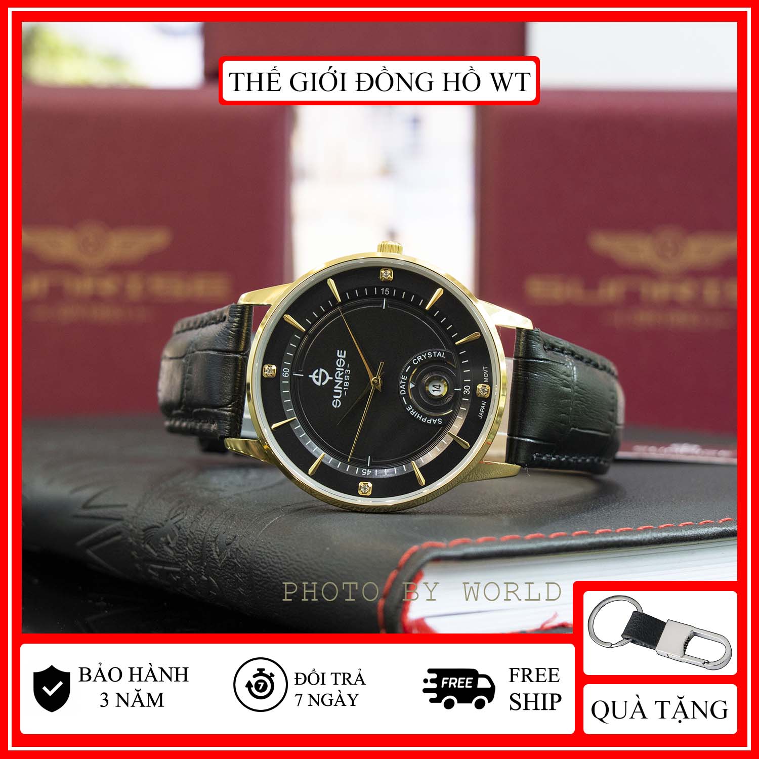 Đồng hồ nam,  đồng hồ Sunrise dây da 1223SA Full box,kính Sapphire  bảo hành 36 tháng, chống xước, chống nước