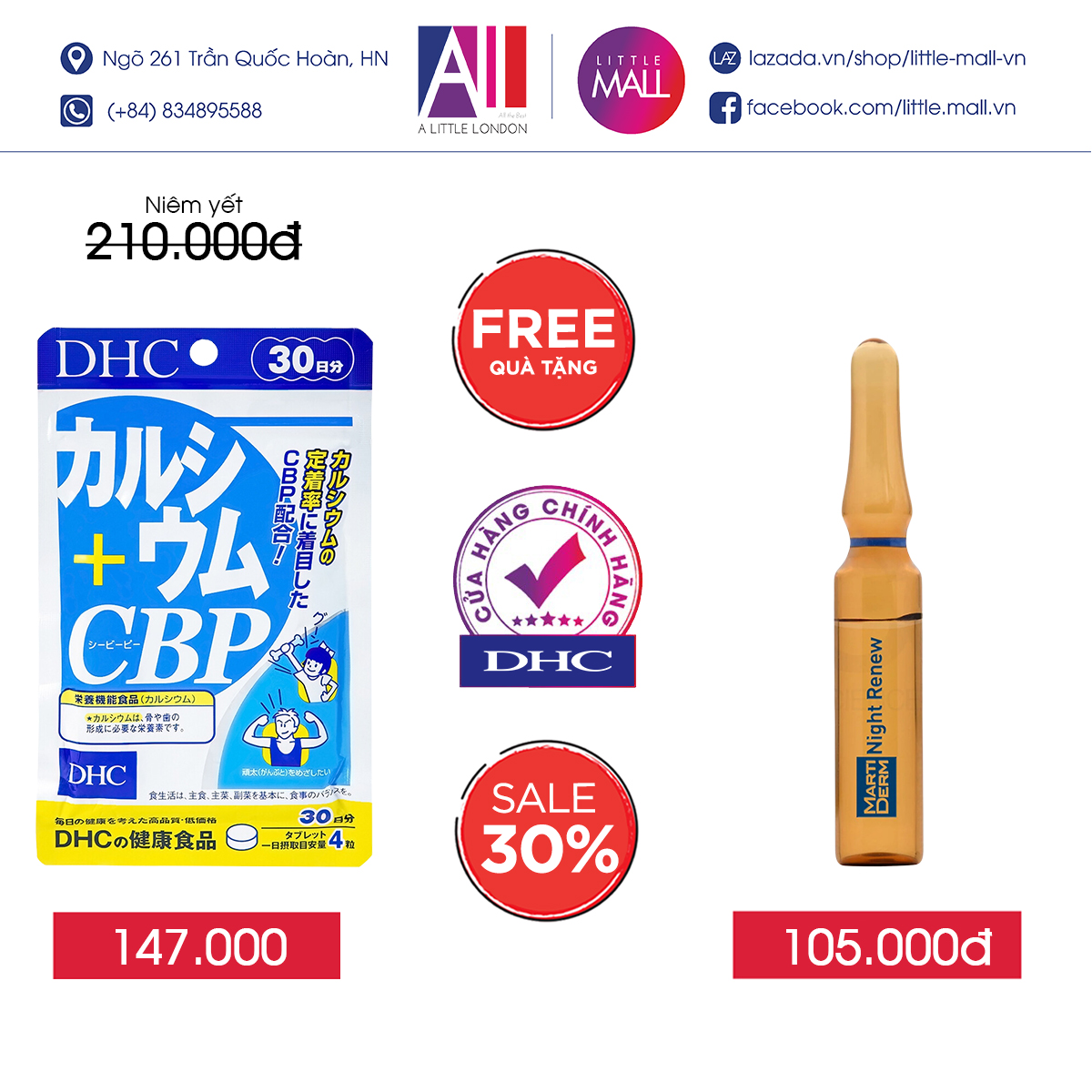 Viên uống bổ sung canxi DHC calcium + cbp gói 30 ngày TẶNG Ampoule chống lão hóa Martiderm (Nhập khẩu)
