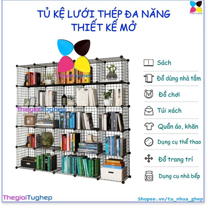 Tủ lưới sắt lắp ghép đa năng hiện đại để sách đồ dùng trang trí phòng làm việc 25 ô (85 lưới +72 chốt)