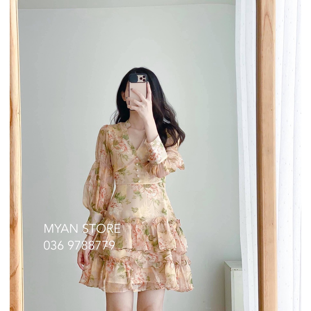 Váy hoa cổ v 2 tầng bèo nhún vvn062104
