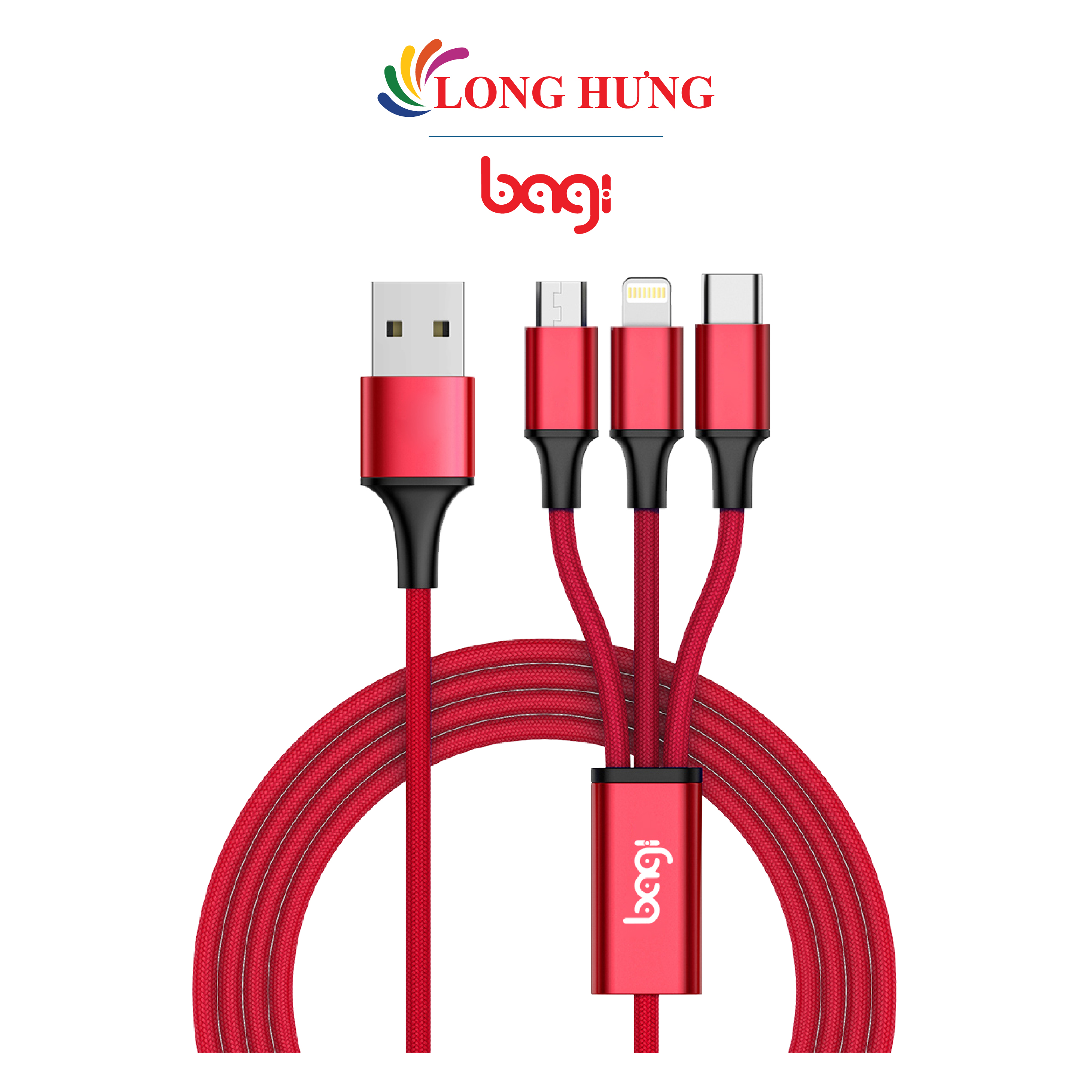 Cáp 3 trong 1 Micro USB - Lightning - USB Type-C Bagi 1.2m CB-AS12 - Hàng chính hãng - 3 cổng kết nối tiện dụng Chiều dài 1.2m Dòng điện ổn định Truyền tải điện tốt