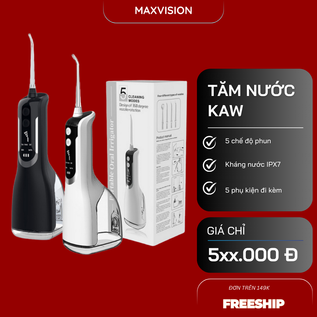  Máy tăm nước cầm tay có màn hình LED chính hãng KAW 5 chế độ làm sạch 4 đầu phun thích hợp cho người  niêng răng .toàn thân chống nước thiết kế nhỏ gọn tiện lợi mang đi du lịch 