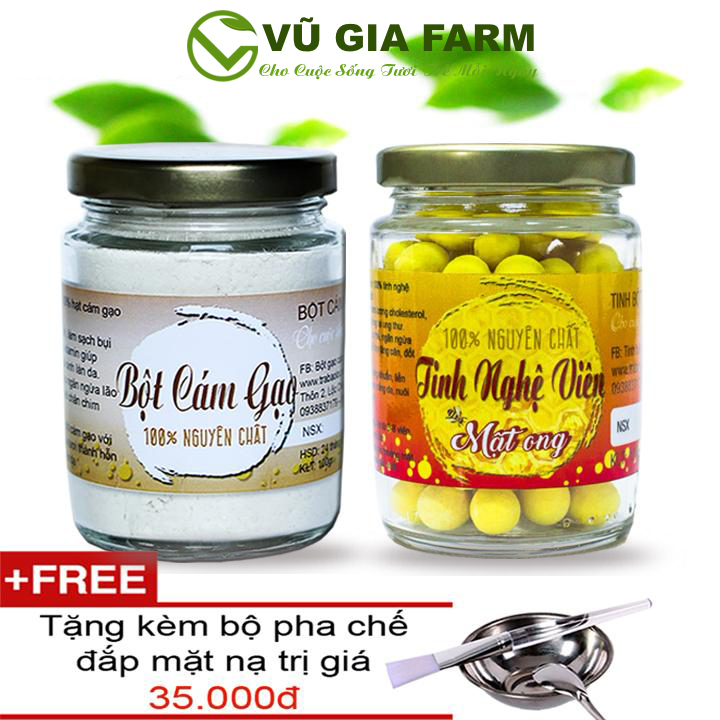 Combo Tinh Nghệ Viên Mật Ong + Bột Cám Gạo Nguyên Chất Vũ Gia + Tặng Bộ đắp mặt nạ inox cao cấp - Dưỡng da hiệu quả, giữ ẩm lâu, tái tạo da chết, phục hồi tổn thương sau mụn - Đã được kiểm nghiệm y tế