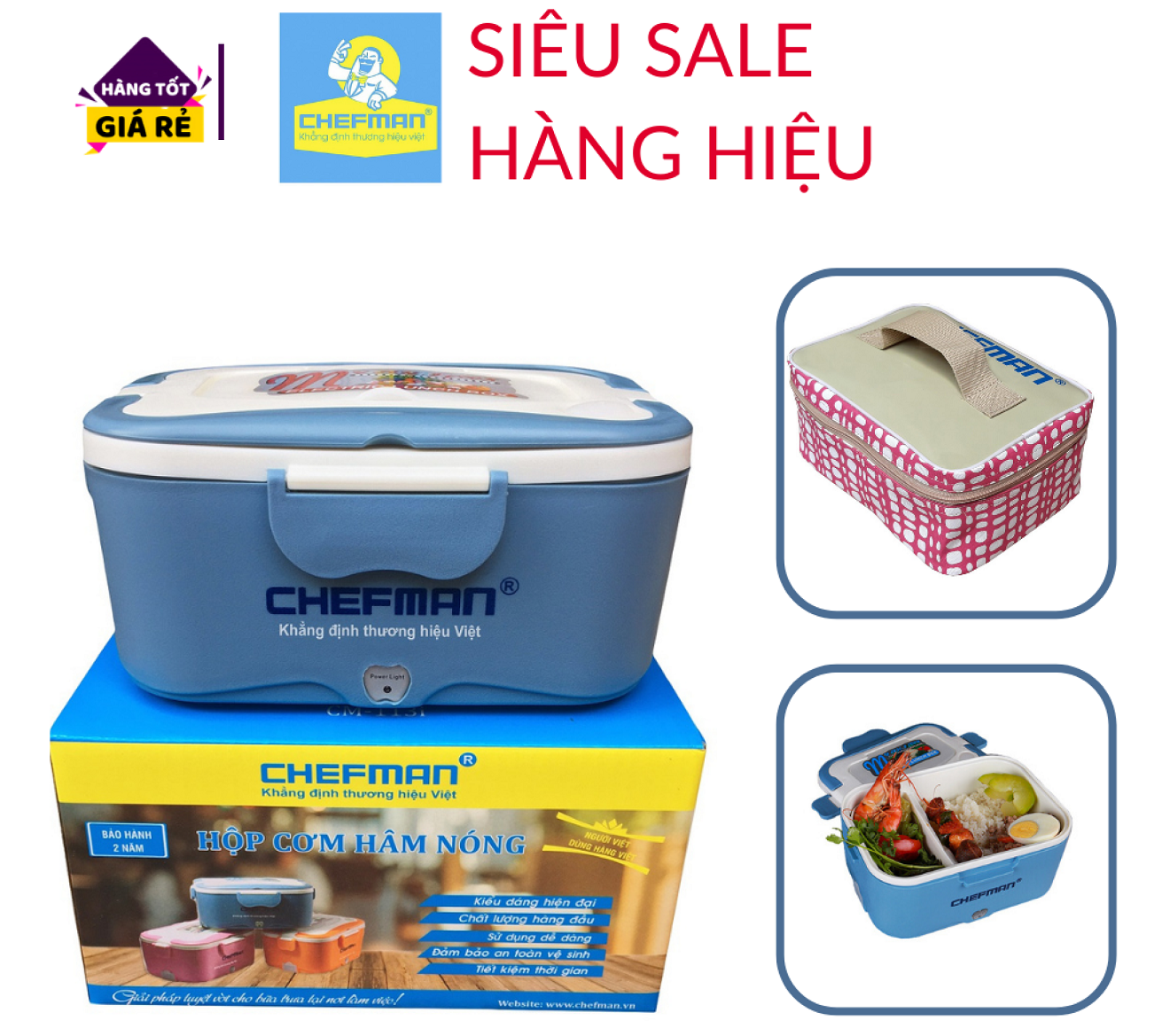 Hộp cắm điện chuẩn USA [Tặng Túi da cao cấp + 1 bộ đũa thìa] Hộp Cơm Hâm Nóng Chefman CM-113i inox Cao Cấp, bảo hành chính hãng Chefman