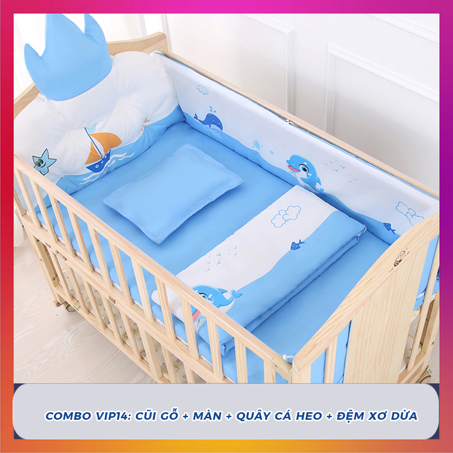 Nôi cũi cho bé đa năng Kawaii Home (Tặng kèm màn chống muỗi), Giường cũi em bé gỗ thông chắc chắn Kích thước 105 x 60 x 90 Cm (Dài x Rộng xCao)