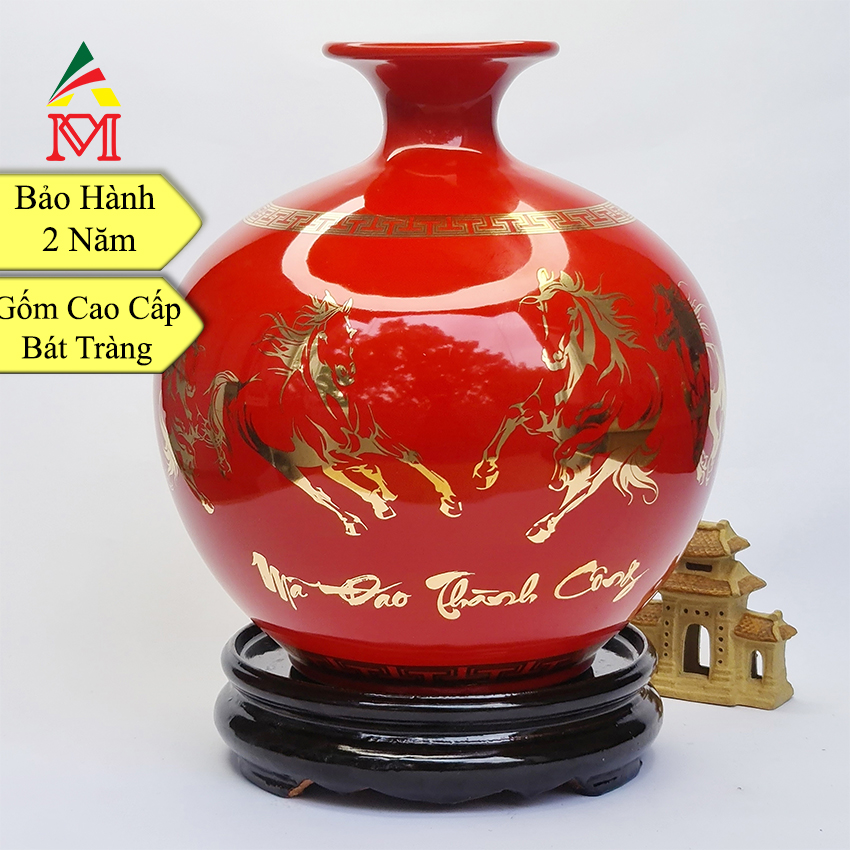 Bình hút lộc gốm sứ bát tràng đỏ vẽ vàng - mã đáo thành công - mẫu 1. kèm cốt hút lộc