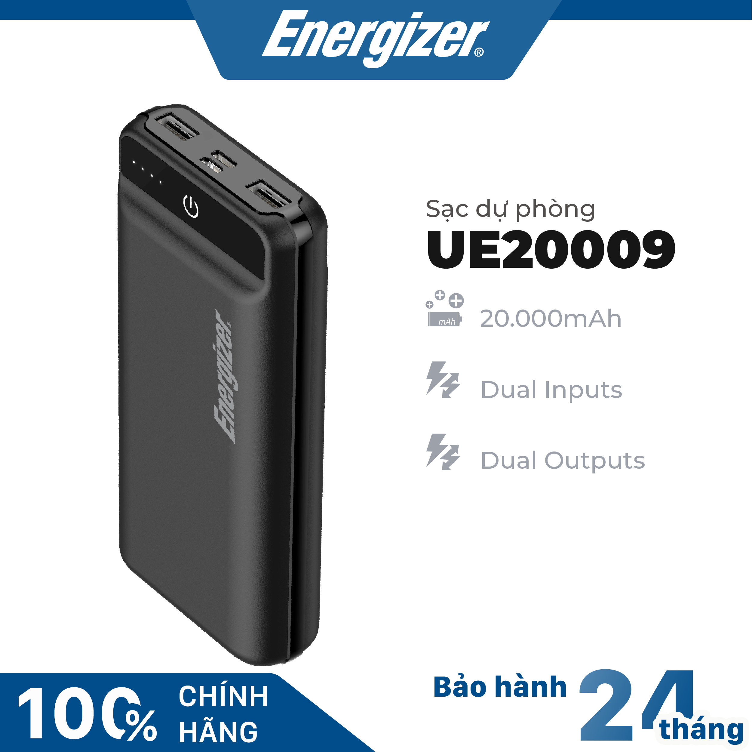 Sạc dự phòng Energizer UE20009 - dung lượng pin lớn 20000mAh, tích hơp 2 cổng outputs, 2 inputs tiện lợi - Hàng chính hãng