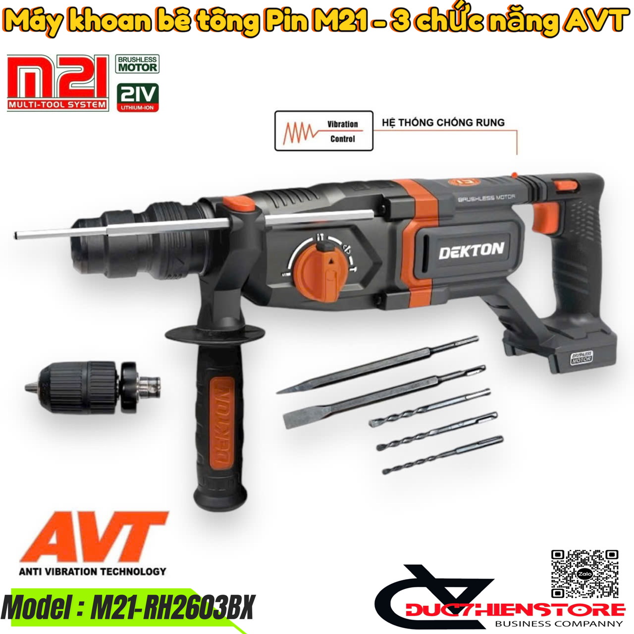 Máy khoan bê tông Pin 21V Dekton M21-RH2603B Brushless 3 chức năng ,chân Pin thông dụng M21 chính hã