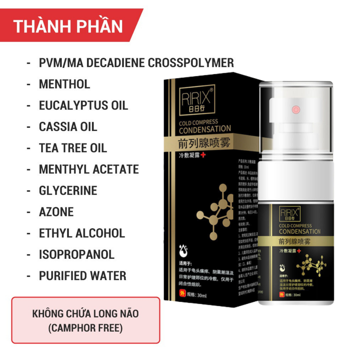 Xịt Hết Lậu, Giang Mai, Sùi Mào Gà, tấy đỏ, sưng có mùi hôi, đóng vảy trắng, ngứa RIRIX 30ml Xịt Lạnh Tác Dụng Nhanh