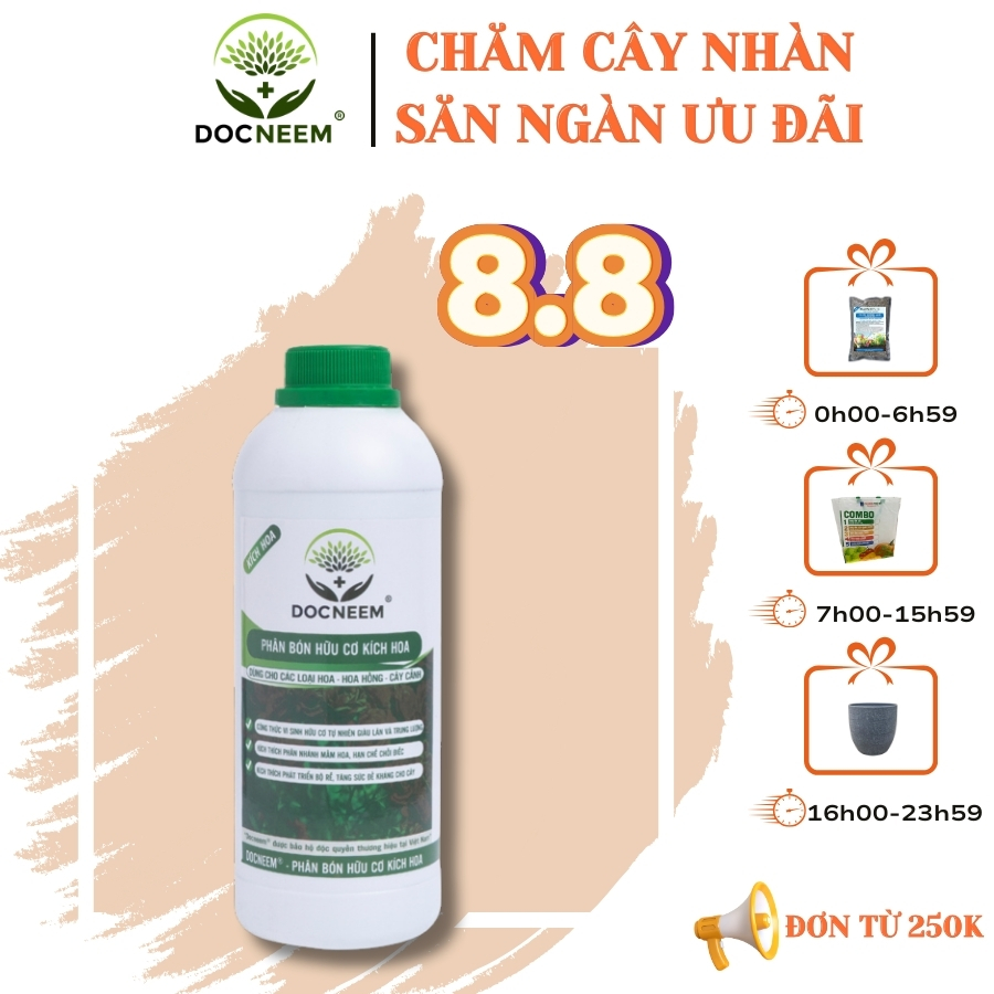 Phân bón hữu cơ kích hoa cho hoa hồng, hoa lan, cây cảnh làm vườn, dung tích 1 lít, chính hãng DOCNEEM