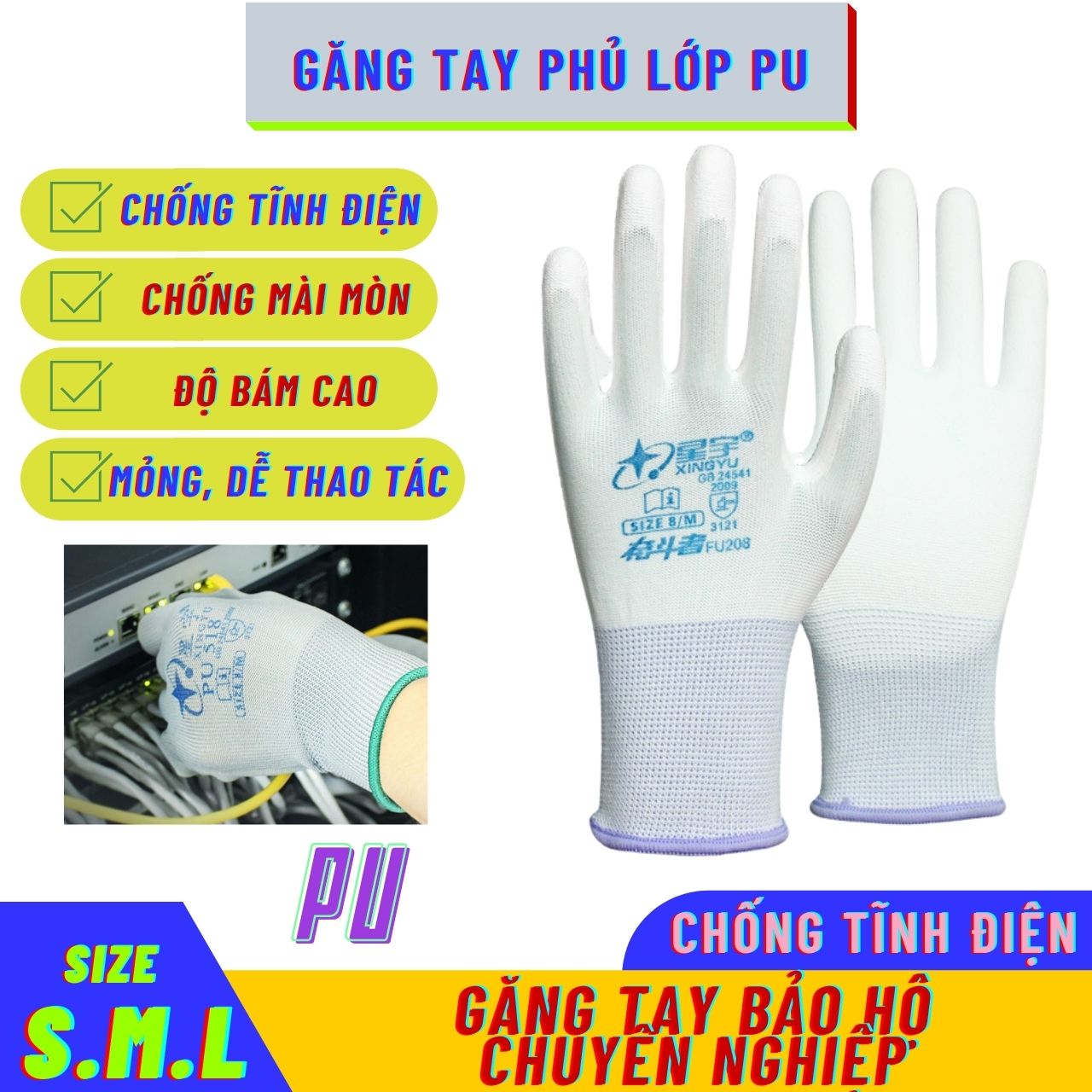 Găng Tay Bảo Hộ Lao Động Bao Tay Chống Trượt Chống Tĩnh Điện Hiệu Quả Bề Mặt PU (01 mặt) An Toàn Thoáng Khí FU20811
