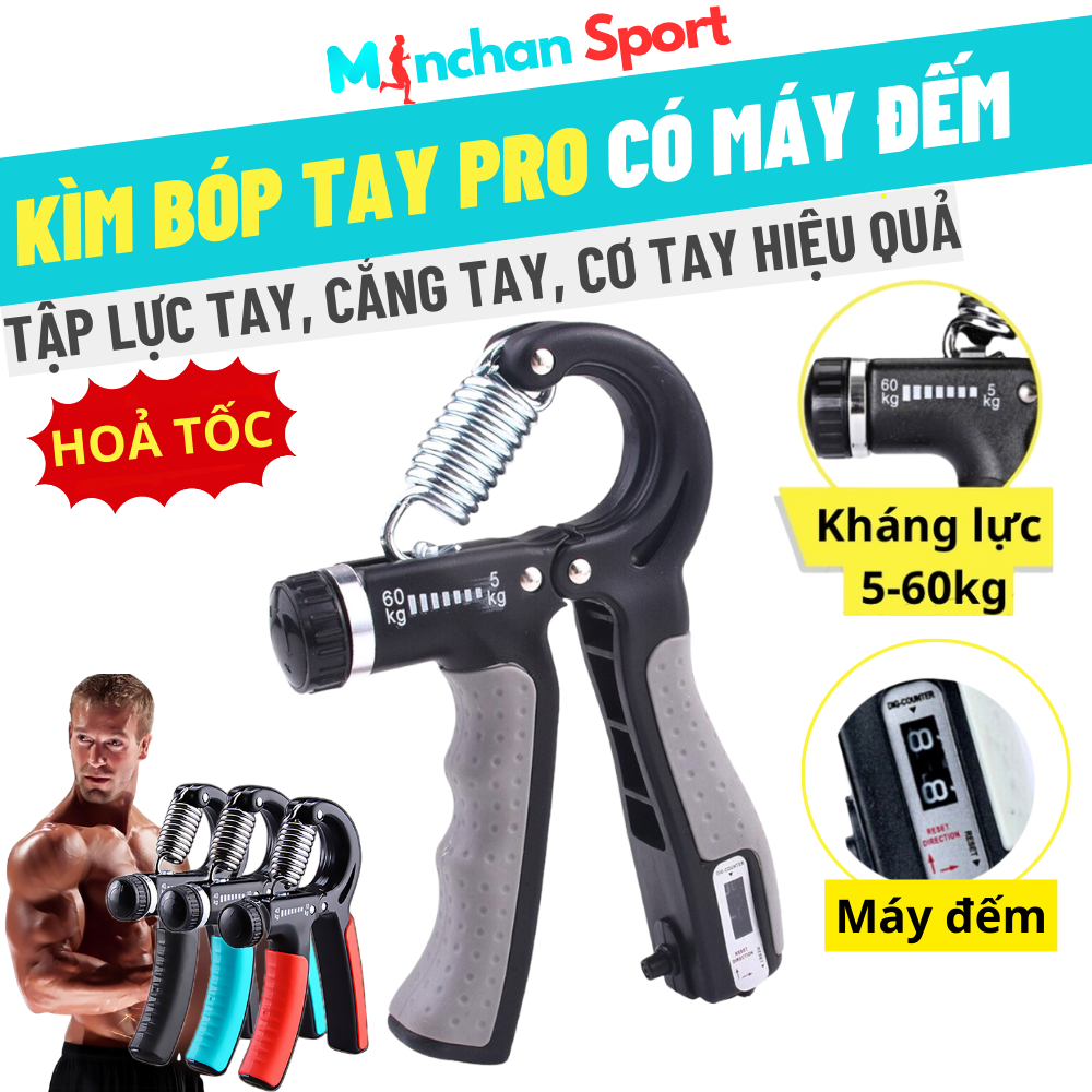 Kìm bóp tay Pro 5-60kg có máy đếm chỉnh lực chuyên nghiệp, kìm tập cơ tay, tập cổ tay phục hồi chức năng - BH 1 đổi 1 Minchan Sport
