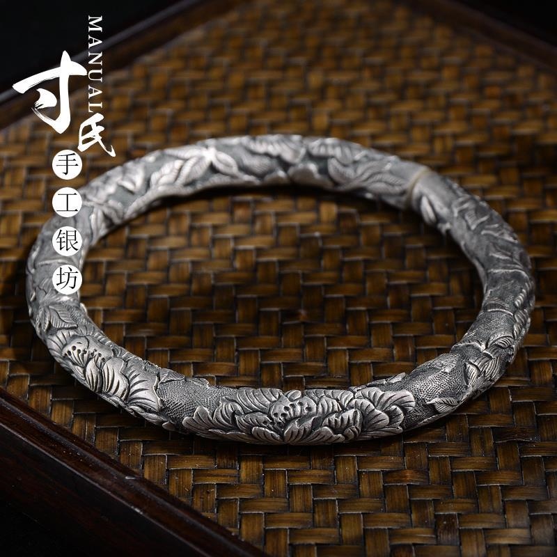 ♙ Nostalgic retro personality peony S999 fine bracelet bangles cylindrical magpie ladies sterling