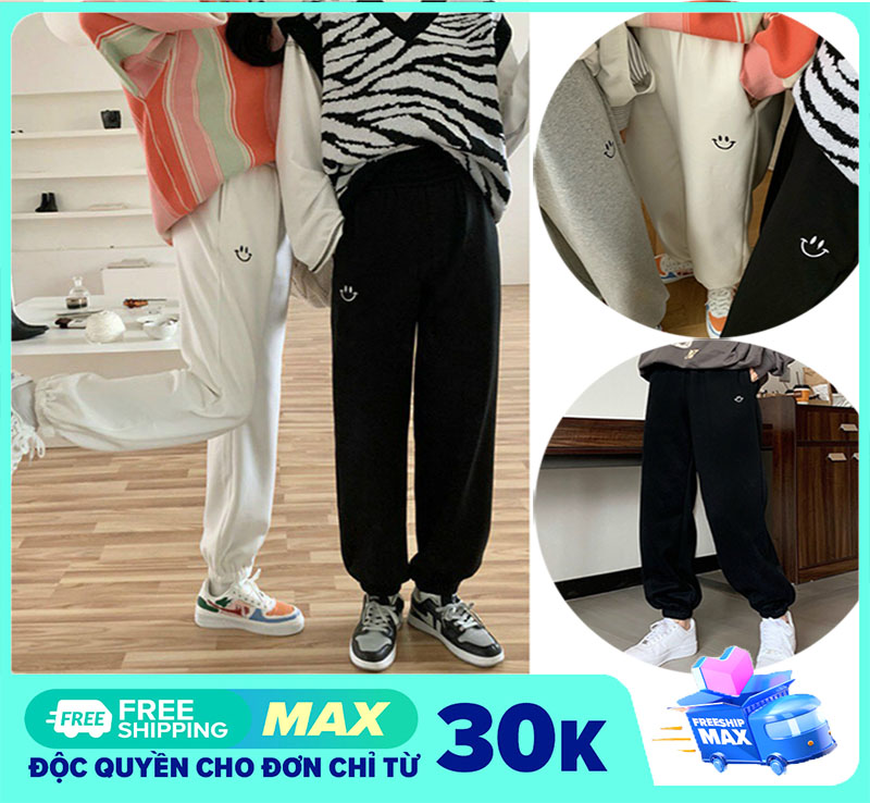 ⚡️ SIÊU PHẨM⚡️ QUẦN NỈ NAM NỮ THÊU MẶT CƯỜI - QUẦN JOGGER NỈ BÔNG ỐNG RỘNG BÓ GẤU