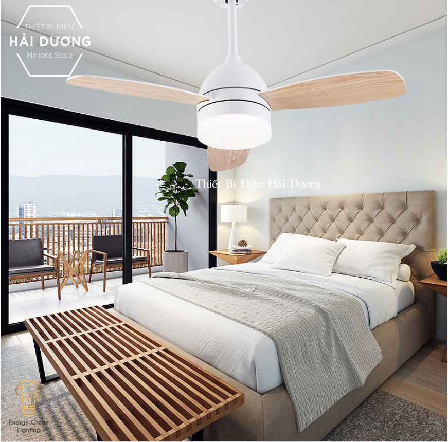 Quạt trần gỗ 3 cánh qt-10632 phong cách bắc âu tích hợp đèn chiếu sáng - 3 chế độ ánh sáng - điều khiển từ xa - có video