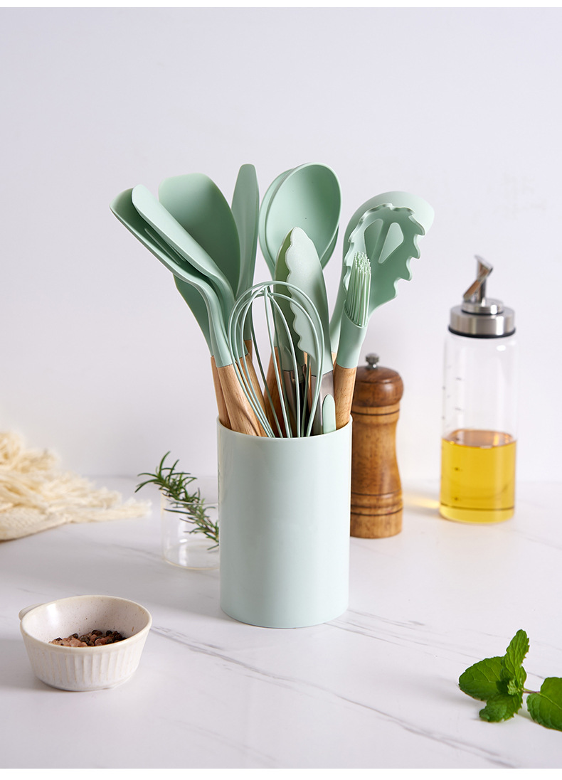 Bộ dụng cụ nấu ăn 12 món silicon, cán gỗ cao cấp kèm cốc đựng - Dụng cụ nấu ăn an toàn, chịu chiệt độ cao - Bộ dụng cụ làm bánh silicon, phới lồng, phết kem, spatula [Hồng, Xanh, Xám]