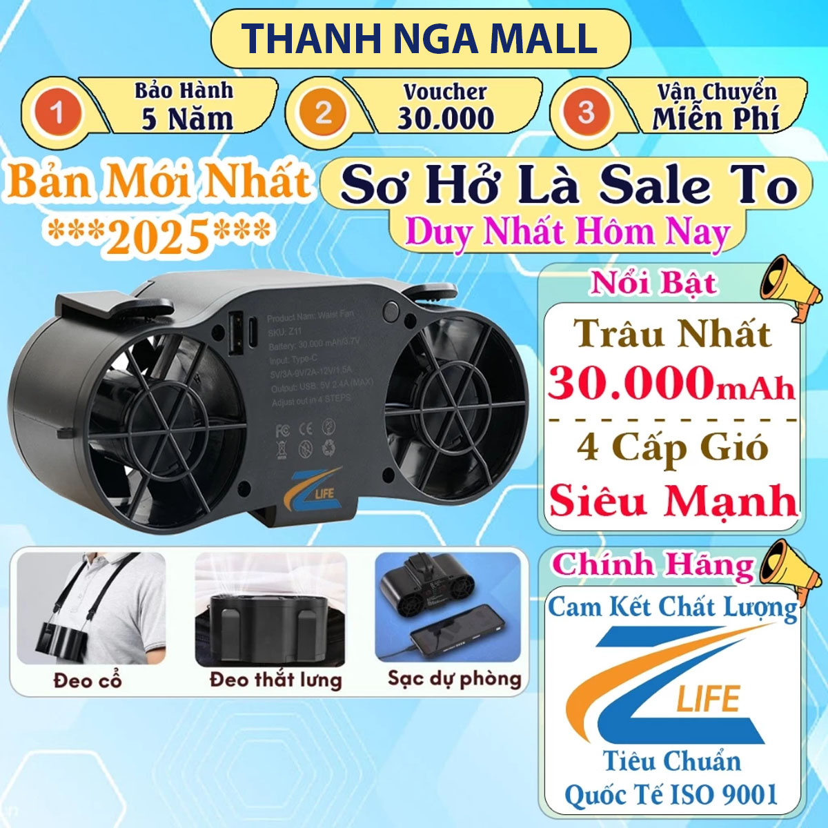 (MẪU MỚI 2025) Quạt đeo cổ mini đeo hông pin siêu trâu, Quạt áo điều hòa cao cấp kiêm sạc dự phòng quạt đeo thắt lưng quạt điều hòa di động đeo hông-cổ quạt kẹp tích điện lửng 2 luồng 4 cấp