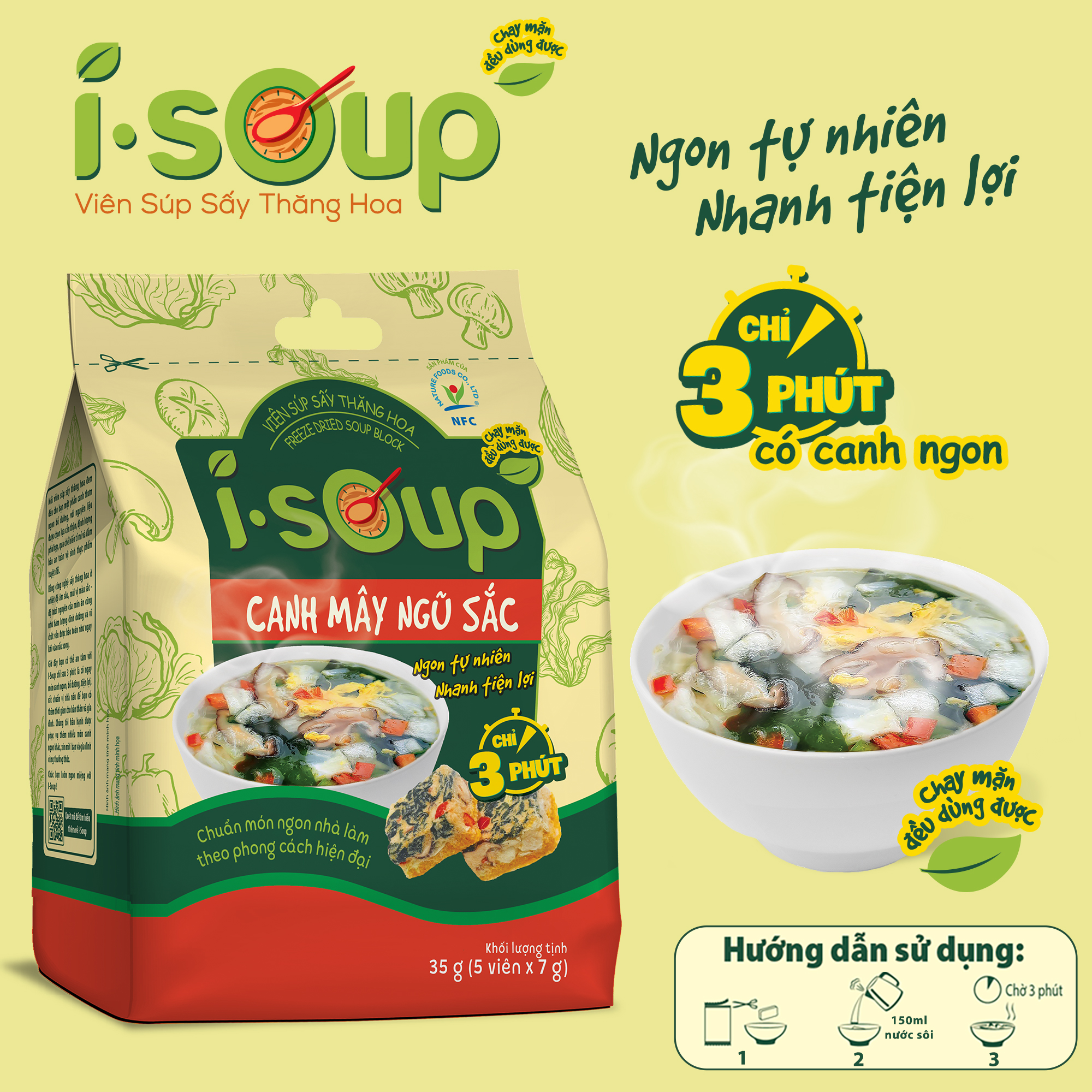 Canh mây ngũ sắc chay ăn liền I-Soup (túi 05 viên)- Viên Súp Sấy Thăng Hoa