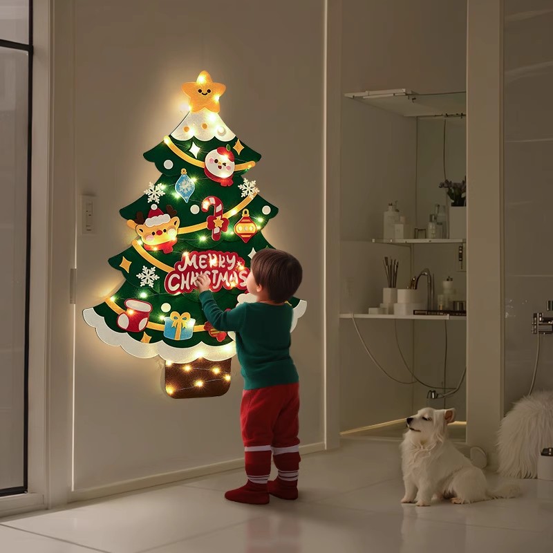 Handmade DIY felt Christmas tree ornaments with material package and light strips for Christmas home decoration for children
