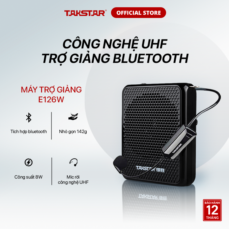 Máy Trợ Giảng Không Dây Takstar E126W Bluetooth, Nhỏ Gọn, Công Suất 8W, Mic Nhạy Chính Hãng Cao Cấp Bảo Hành 1 Năm