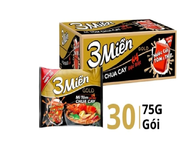 Thùng 30 gói mì 3 Miền Gold tôm chua cay đặc biệt 75g - Mì 3 Miền gold Chua Cay - Mì 3 miền tôm chua cay đặc biệt