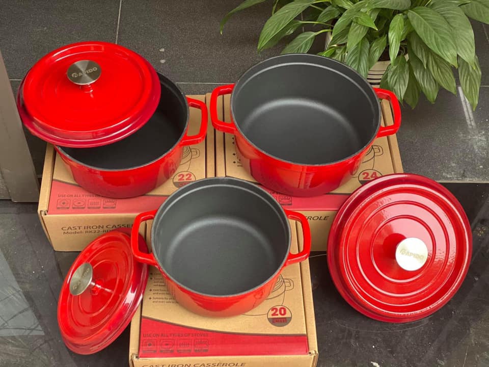 [ Hàng Nhập Khẩu ] Bộ 3 Nồi Gang Đúc Tráng Men Cao Cấp RAPIDO Chống Dính, Giữ Nhiệt Thức Ăn Tốt, Đức nguyên khối, Sử dụng với mọi loại bếp