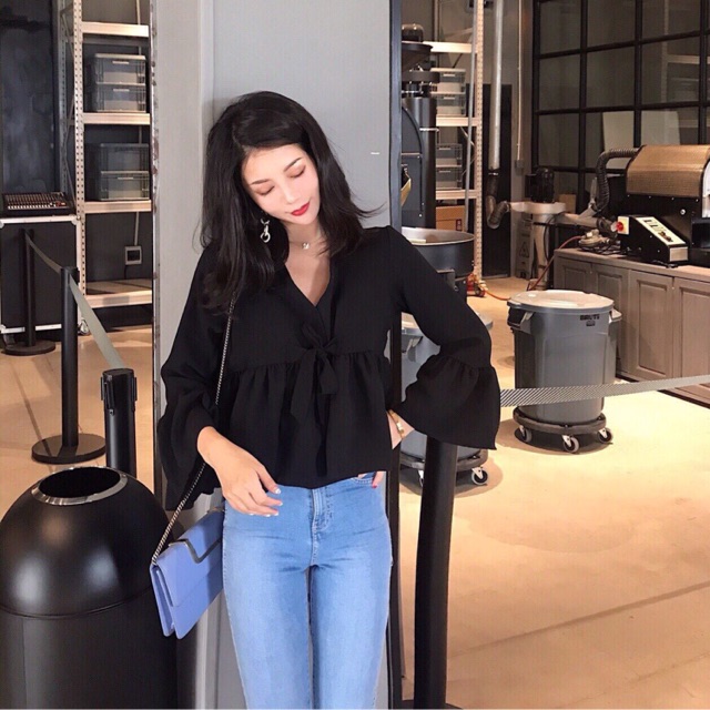 [HCM]Áo kiểu cổ tim đắp chéo cột nơ bụng tay lỡ chất vải Kate Free Size dưới 55kg dành cho nữ