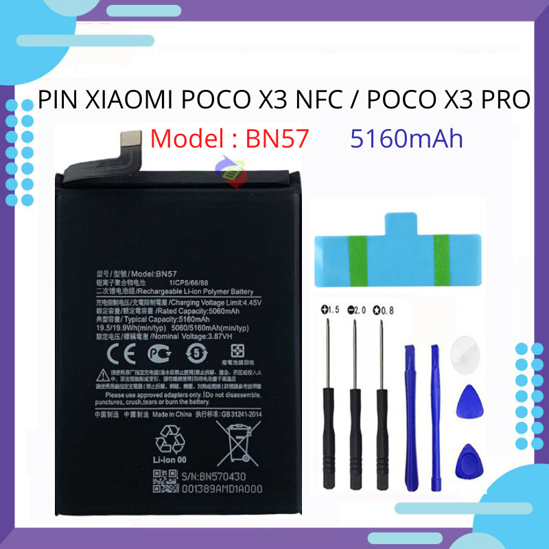 Pin xiaomi poco x3 nfc / poco x3 pro bn57 5160mah - tặng kèm keo dán và bộ tháo mở