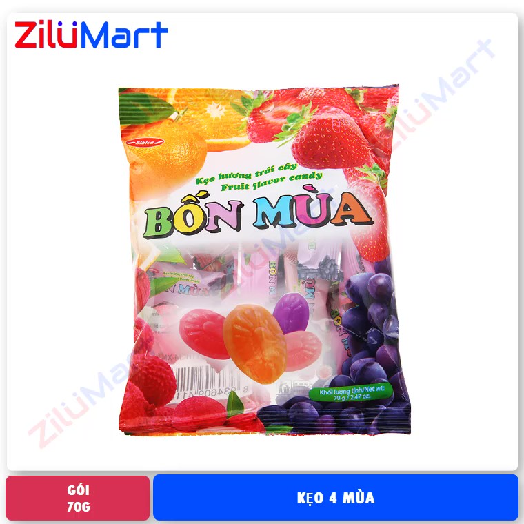 Kẹo bốn mùa bibica hương vị trái cây gói 70g