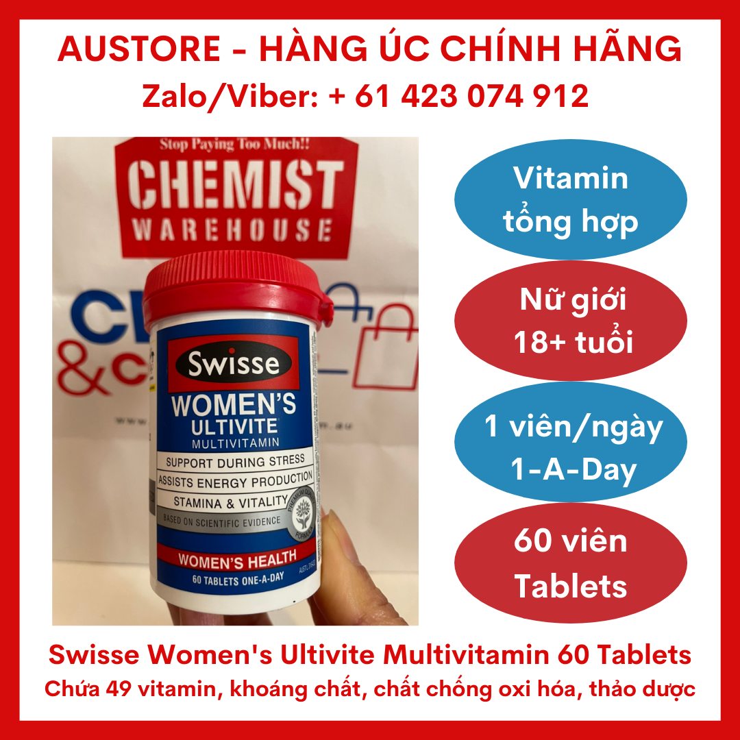 [Bill Úc] Swisse Women's Ultivite Multivitamin 60 Tablets - Vitamin tổng hợp cho nữ Swisse 1 viên/ngày giúp tăng cường năng lượng, hỗ trợ sức khỏe miễn dịch & phản ứng với căng thẳng