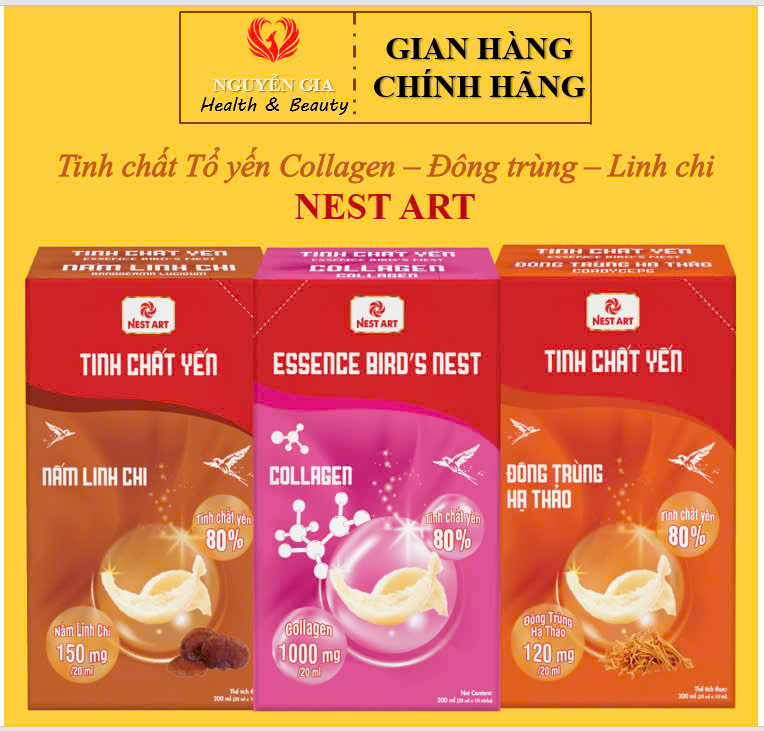 Tinh chất Tổ yến Collagen, Đông trùng hạ thảo, Linh chi Nest Art  ngừa ung thư tăng cường sức khoẻ toàn diện, bồi bổ người suy nhược, chống ung thư, chống lão hoá đẹp da - Hộp 10 gói x 20ml