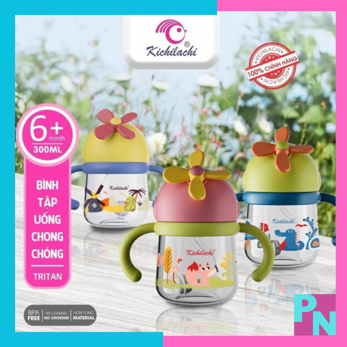 Bình nước cho bé bình tập uống chong chóng bình nước có ống hút Kichilachi nhựa tritan 300ml không BPA chống sặc chống đổ bé uống nước được mọi tư thế