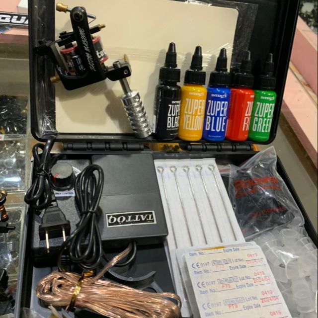 Combo hộp 1 máy xăm Trung cấp Tattoo Machine + Set 5 màu mực Intenze Zuper