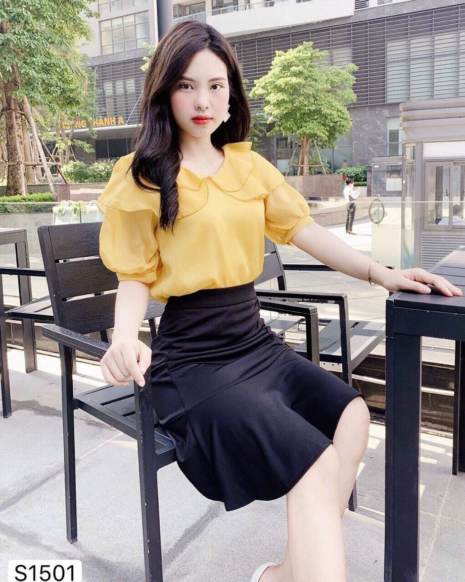 Set áo lụa cổ bèo và chân váy đuôi cá thời trang nữ hot teen. qc