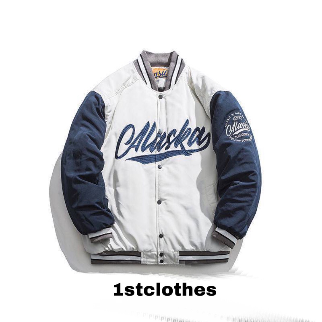 Áo jacket nam basic phối tay logo ALASKA form rộng [FREESHIP] Áo khoác nỉ bomber chất tricos 2 màu đen,trắng dễ phối đồ 1st clothes