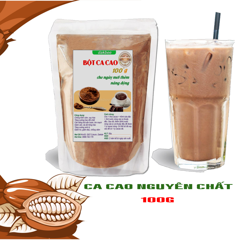 100gr Bột ca cao nguyên chất, tăng cường trí tuệ, trao đổi chất, chống trầm cảm, ngăn ngừa lão hóa và đột quỵ[dakbee]