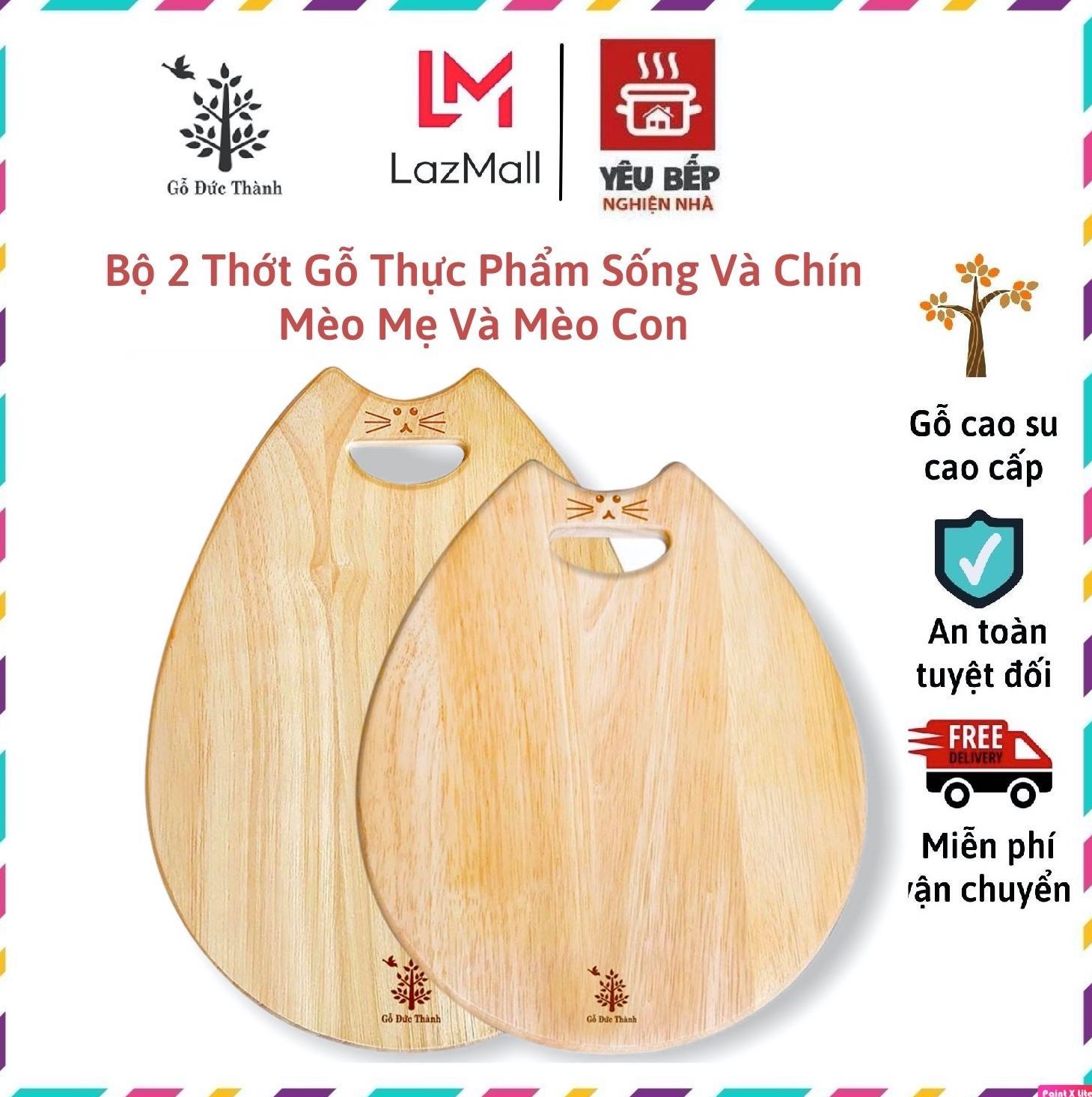 Bộ 2 thớt gỗ cao su tự nhiên mèo mẹ ẵm mèo con | gỗ đức thành 00321
