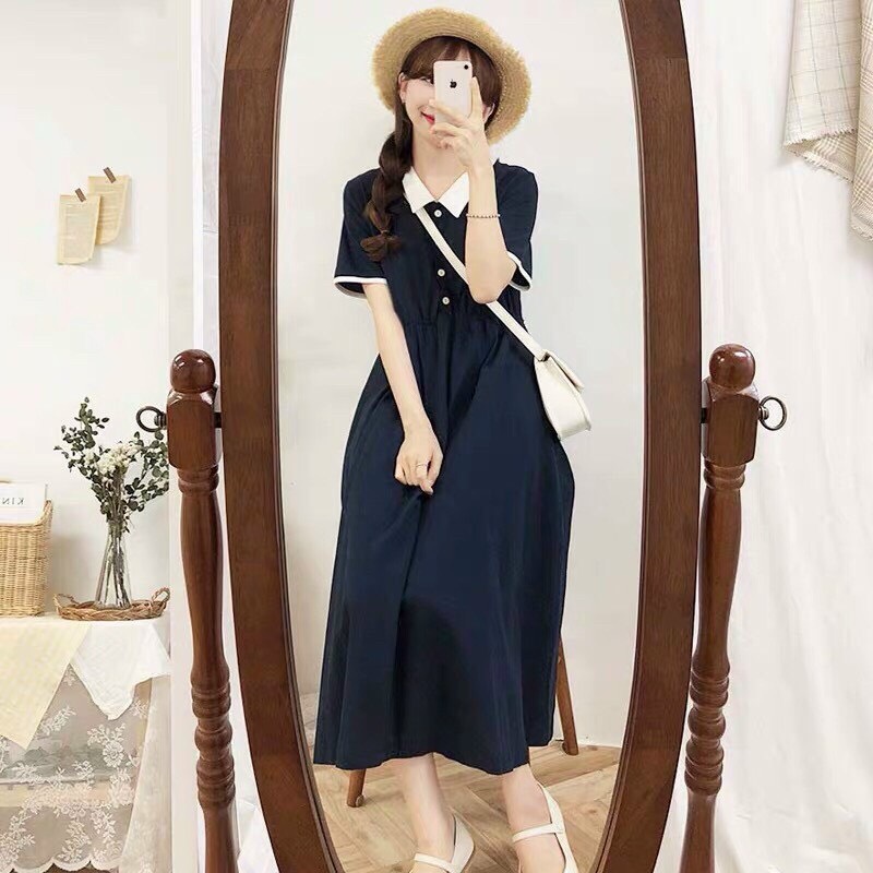 Đầm suông cổ sơ mi,có thun eo, lên from chuẩn,giá sinh viên