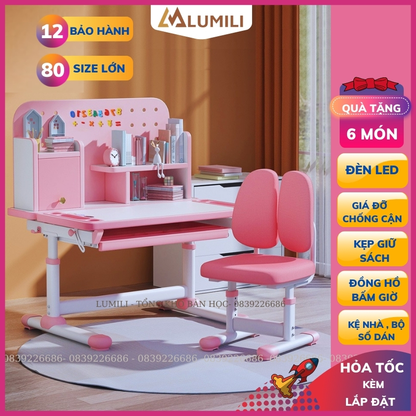 bàn ghế học sinh Lumili R16 có giá sách, bộ bàn học chống gù thông minh kèm kệ sách cho trẻ em điều chỉnh nâng hạ độ cao