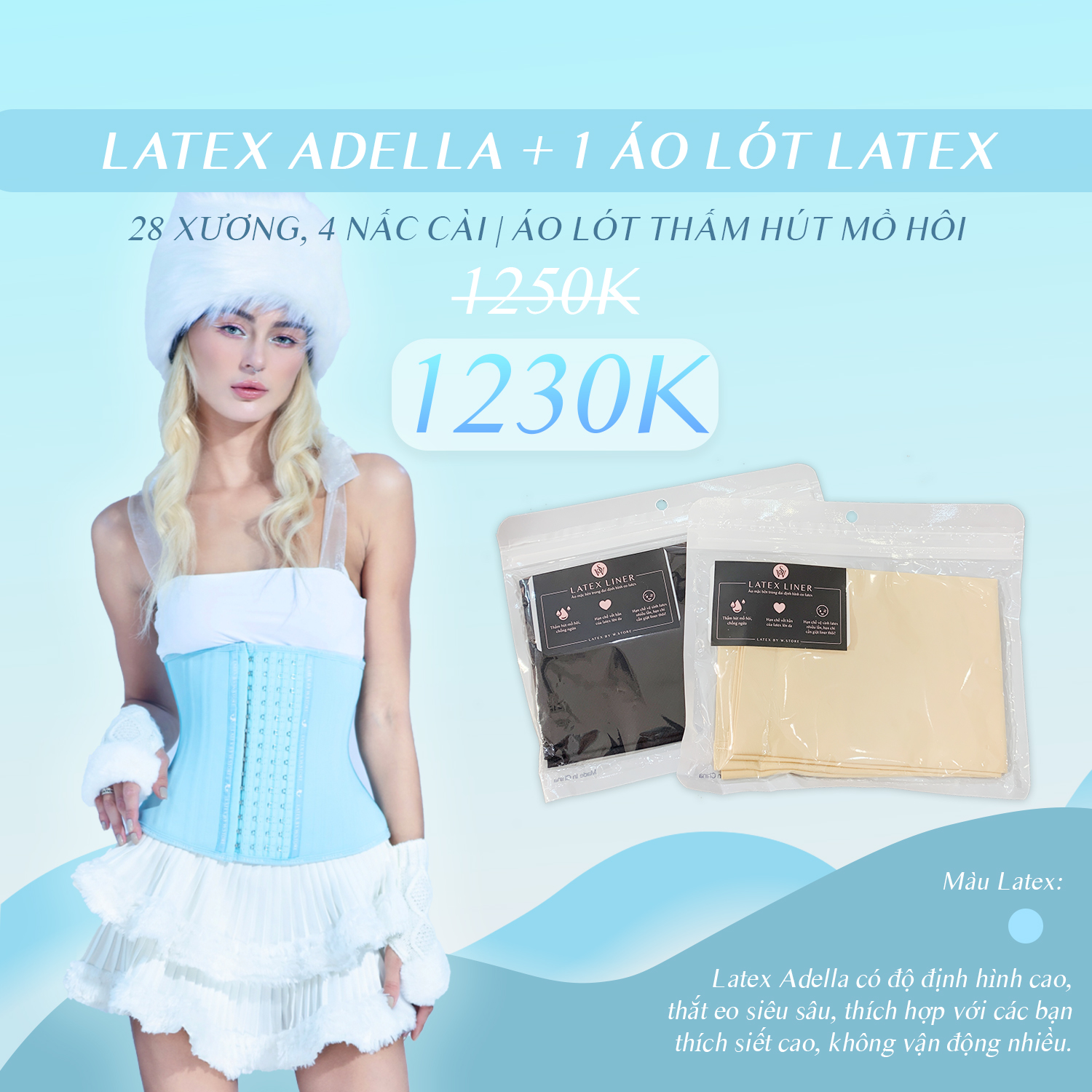 Adella - đai nịt bụng latex xanh wstore 28 xương kép - siêu siết eo - latex by w.store chuẩn chính hãng