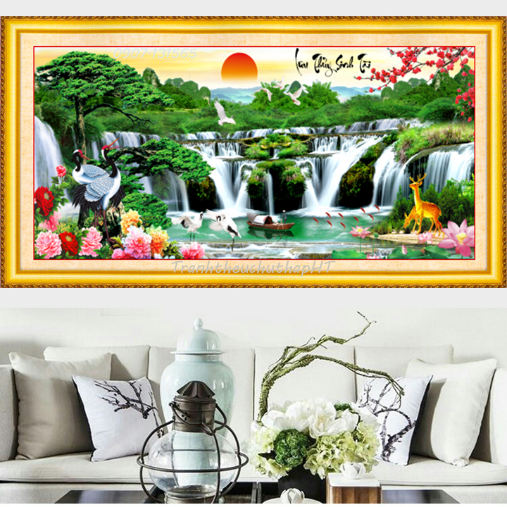 Tranh thêu chữ thập Phong cảnh lưu thủy sinh tài 200*90cm - tự thêu