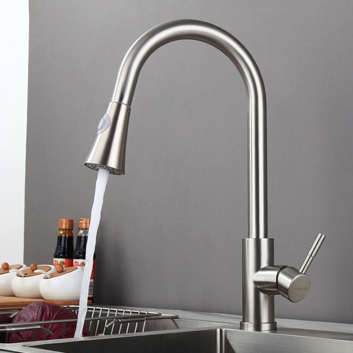 Vòi chậu rửa bát nóng lạnh chuẩn Inox 304 có dây rút cao cấp
