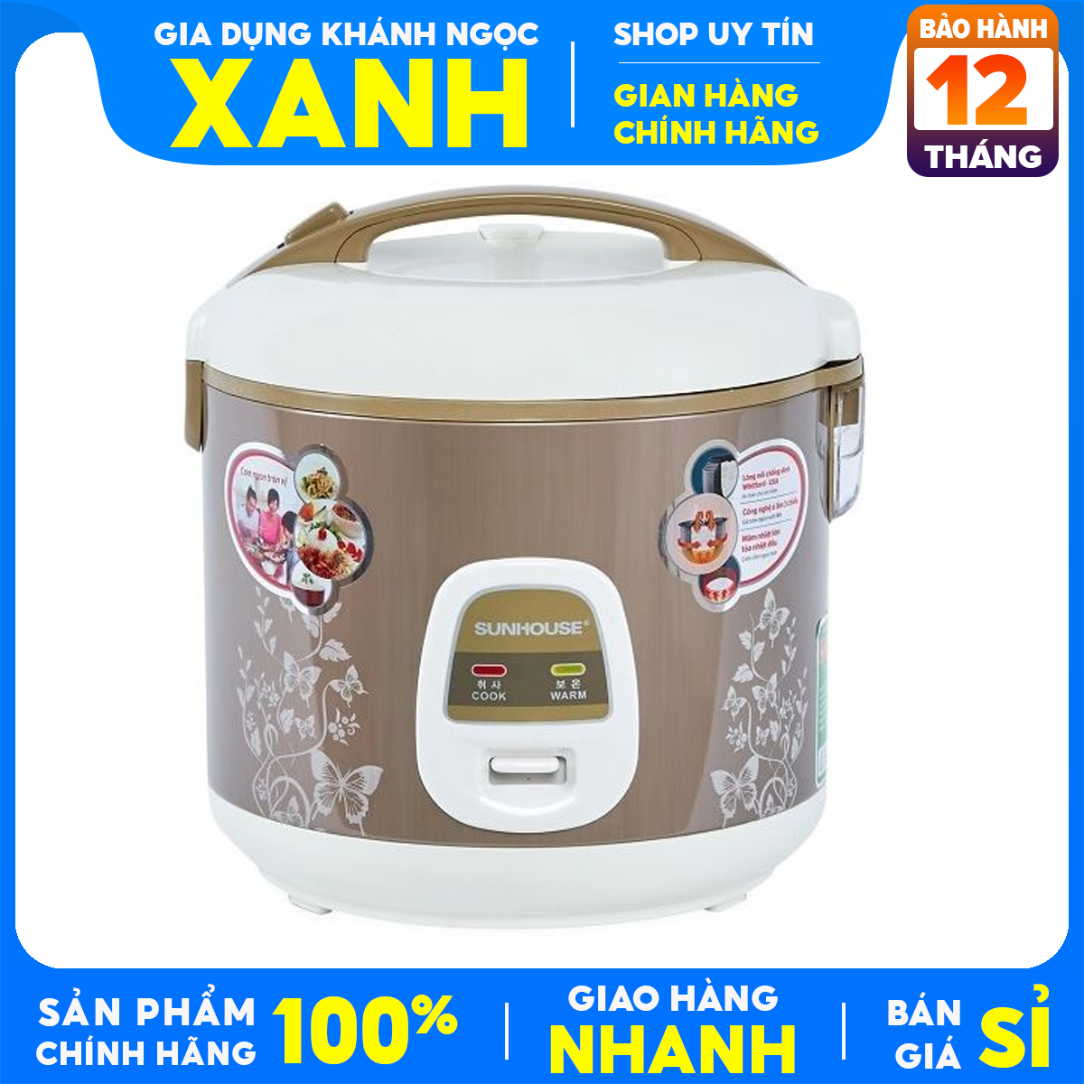 Nồi cơm điện sunhouse 1.8 lít shd 8616 chính hãng 100% công suất: 620w lòng nồi dày 1.219 mm hợp kim nhôm phủ chống dính whitford