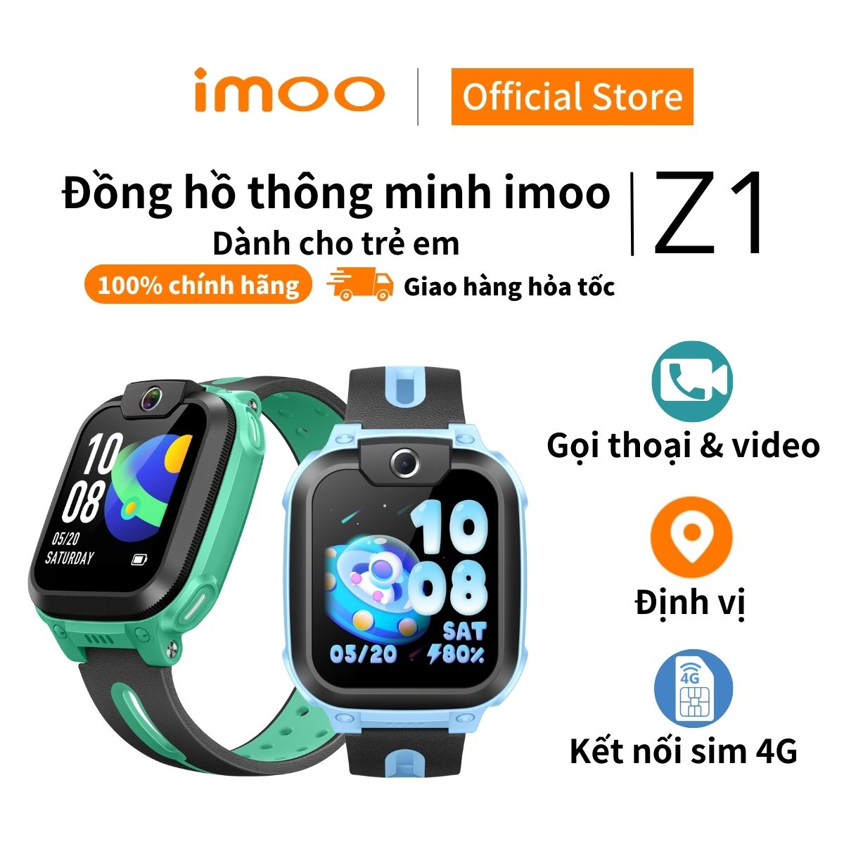 Đồng Hồ Điện Thoại Thông Minh Định Vị Trẻ Em imoo Z1 Màu Xanh Gọi video | Nhắn tin | Kháng nước IPX8 - Hàng Chính Hãng