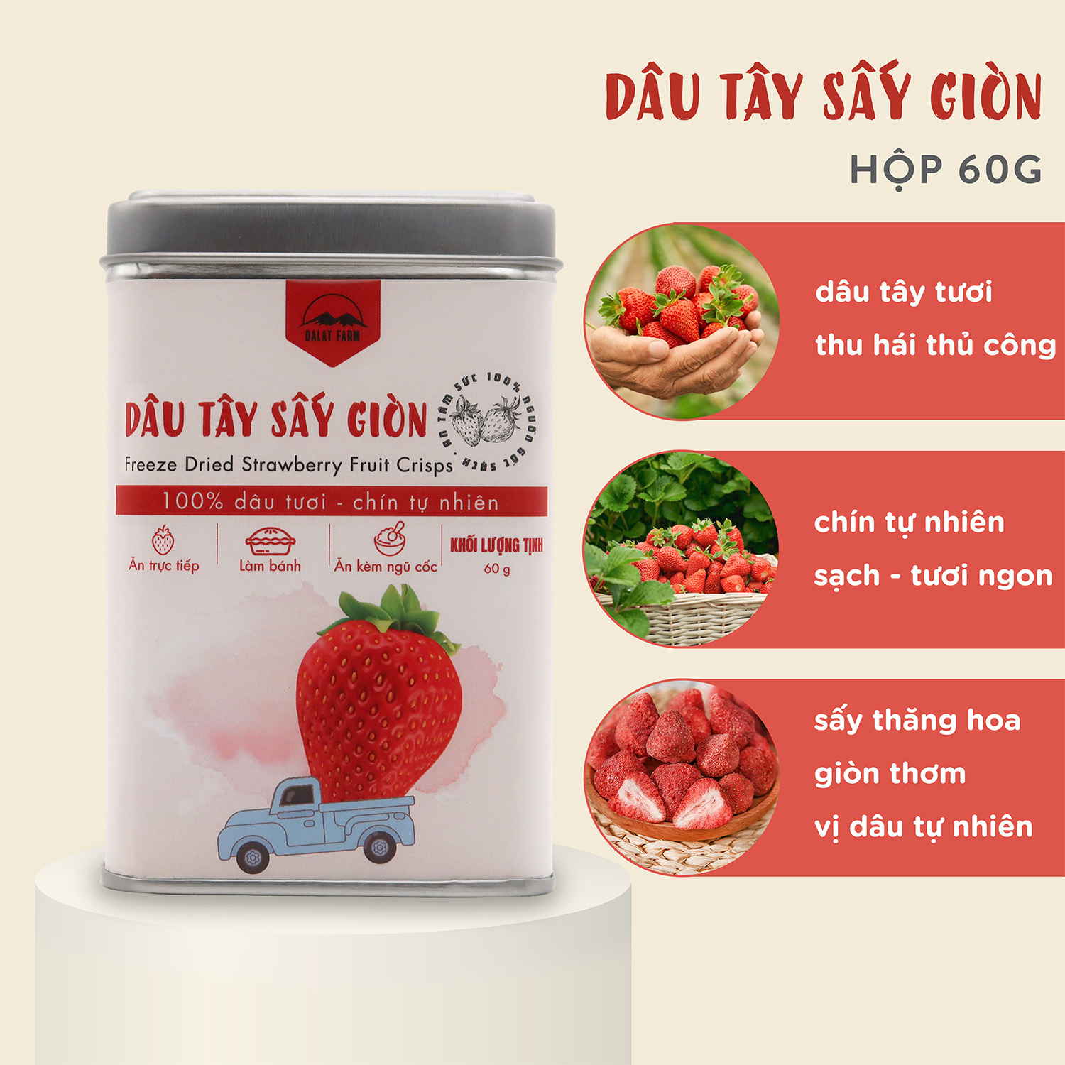  Dâu Tây Sấy Giòn - Hộp thiếc 60g 