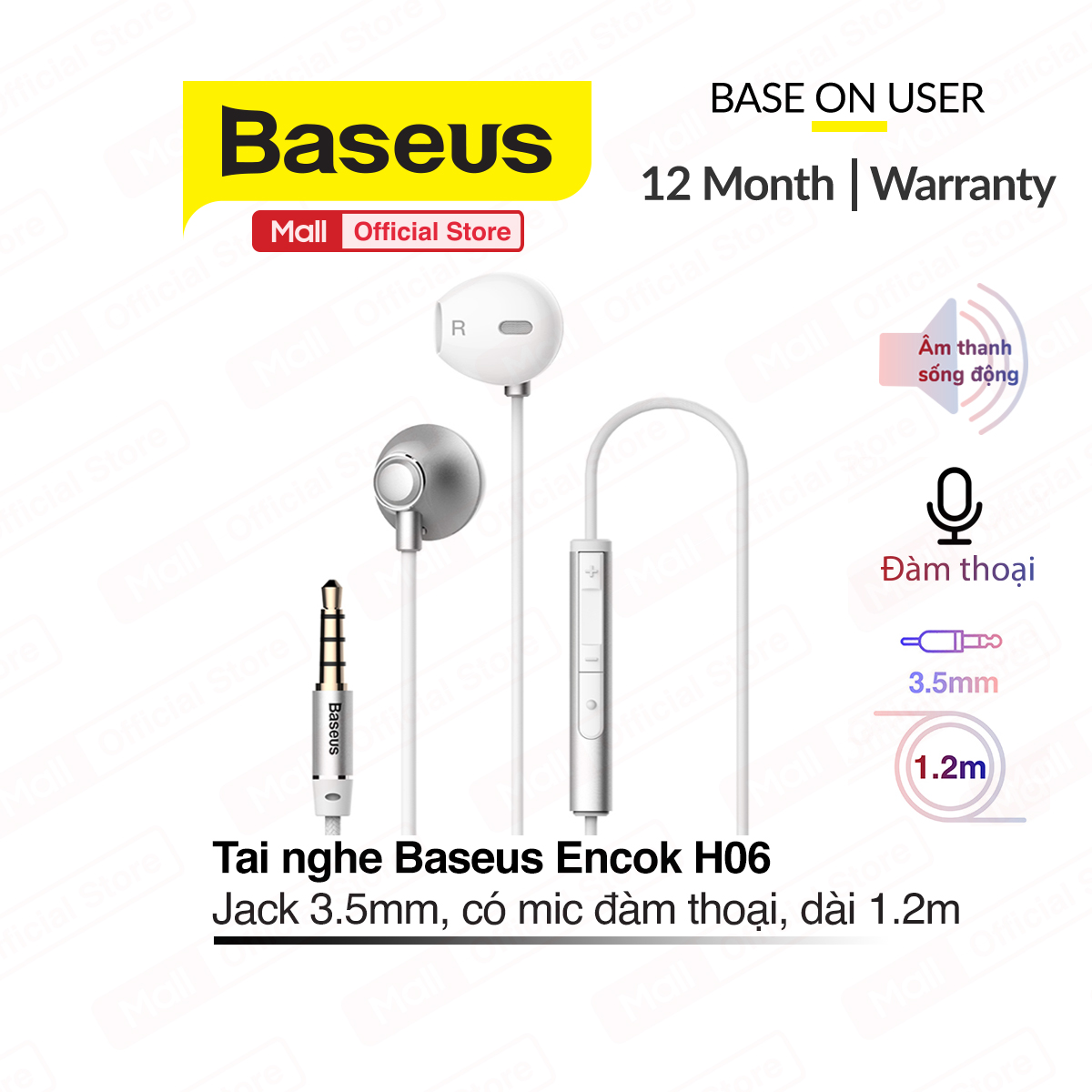 Tai nghe Baseus Encok H06 jack cắm 3.5mm, âm thanh sống động, dây TPE phối vải dệt chắc chắn, dài 120cm