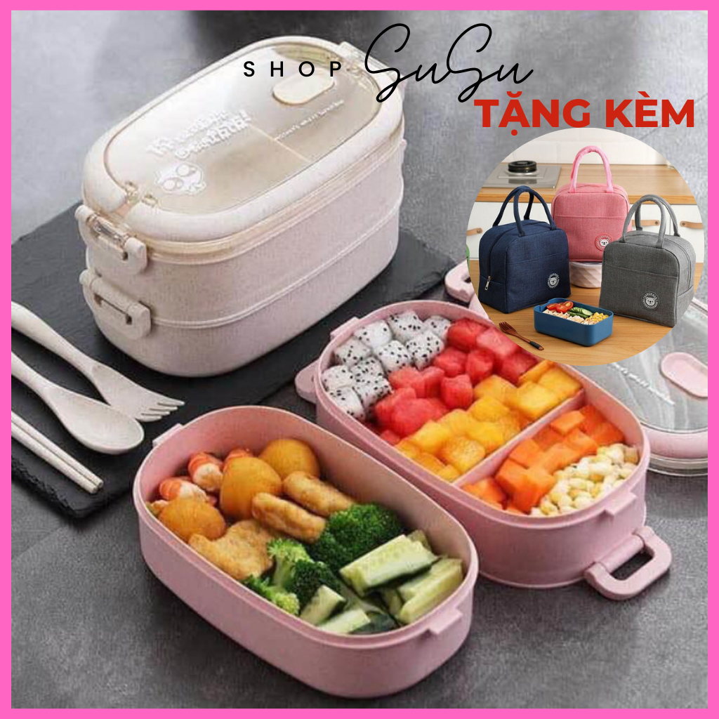Hộp đựng cơm giữ nhiệt bằng lúa mạch cao cấp thiết kế 2 tầng 3 ngăn nắp chống tràn TẶNG túi xách giữ nhiệt + Bộ muỗng cao cấp